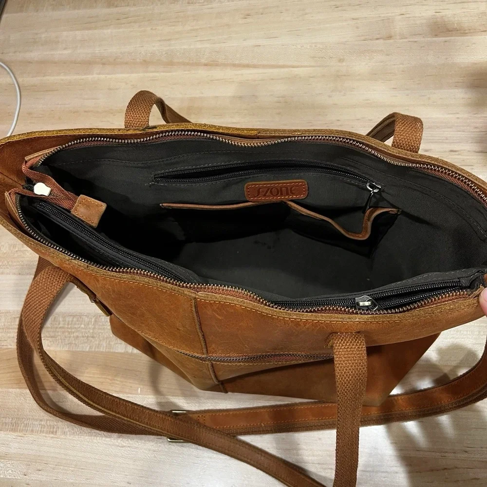Szone Brown Cowhide Leather Tote Bag, Zipper Closure, Dual Strap, Large Size